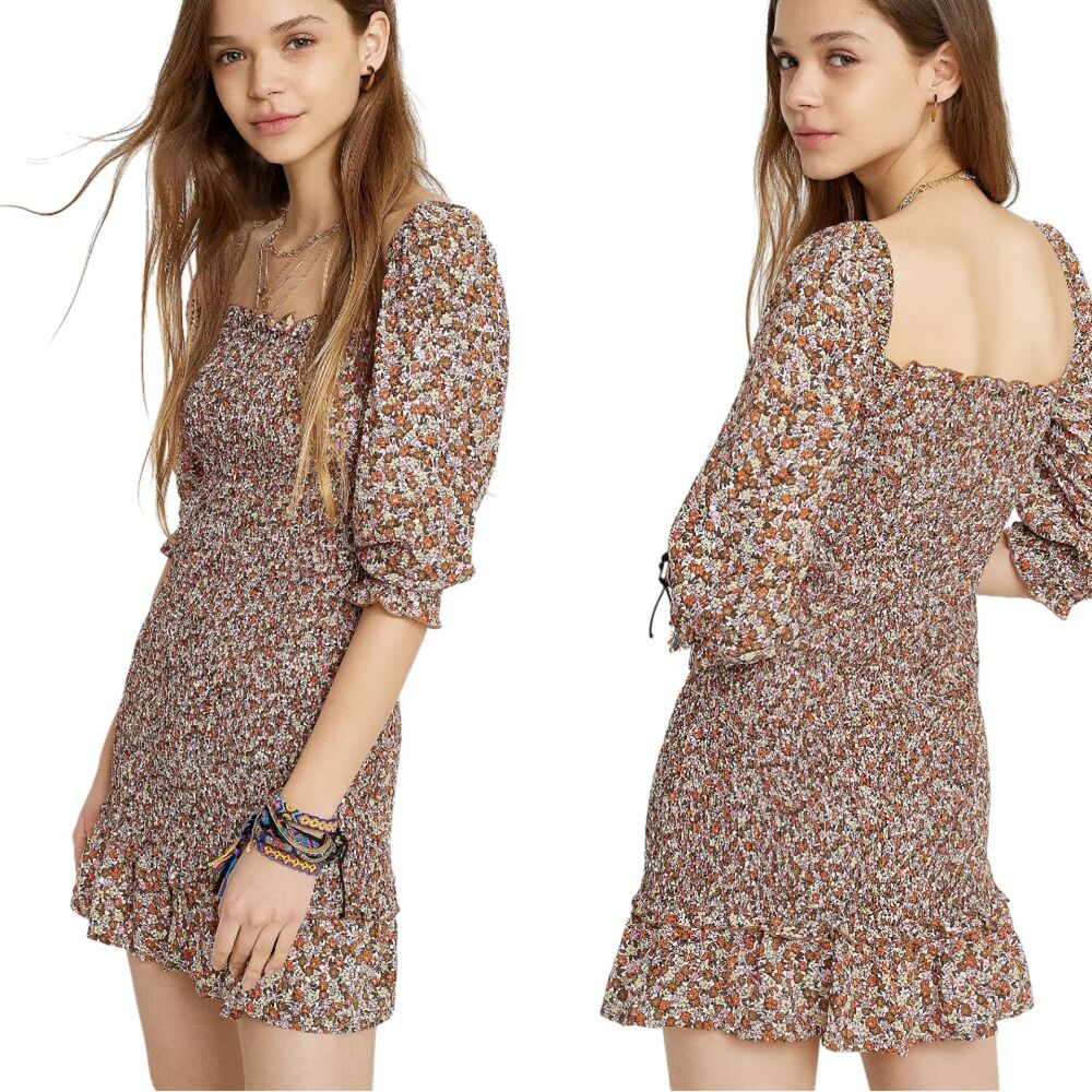 NWT Faithfull the Brand Es Saada Smocked Mini Dress Floral Puff Sleeve 4 Small